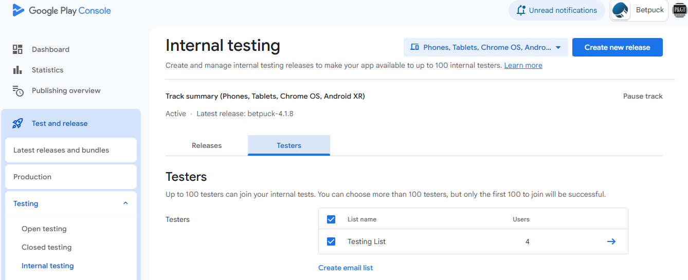 Play Store Internal Testing Interface